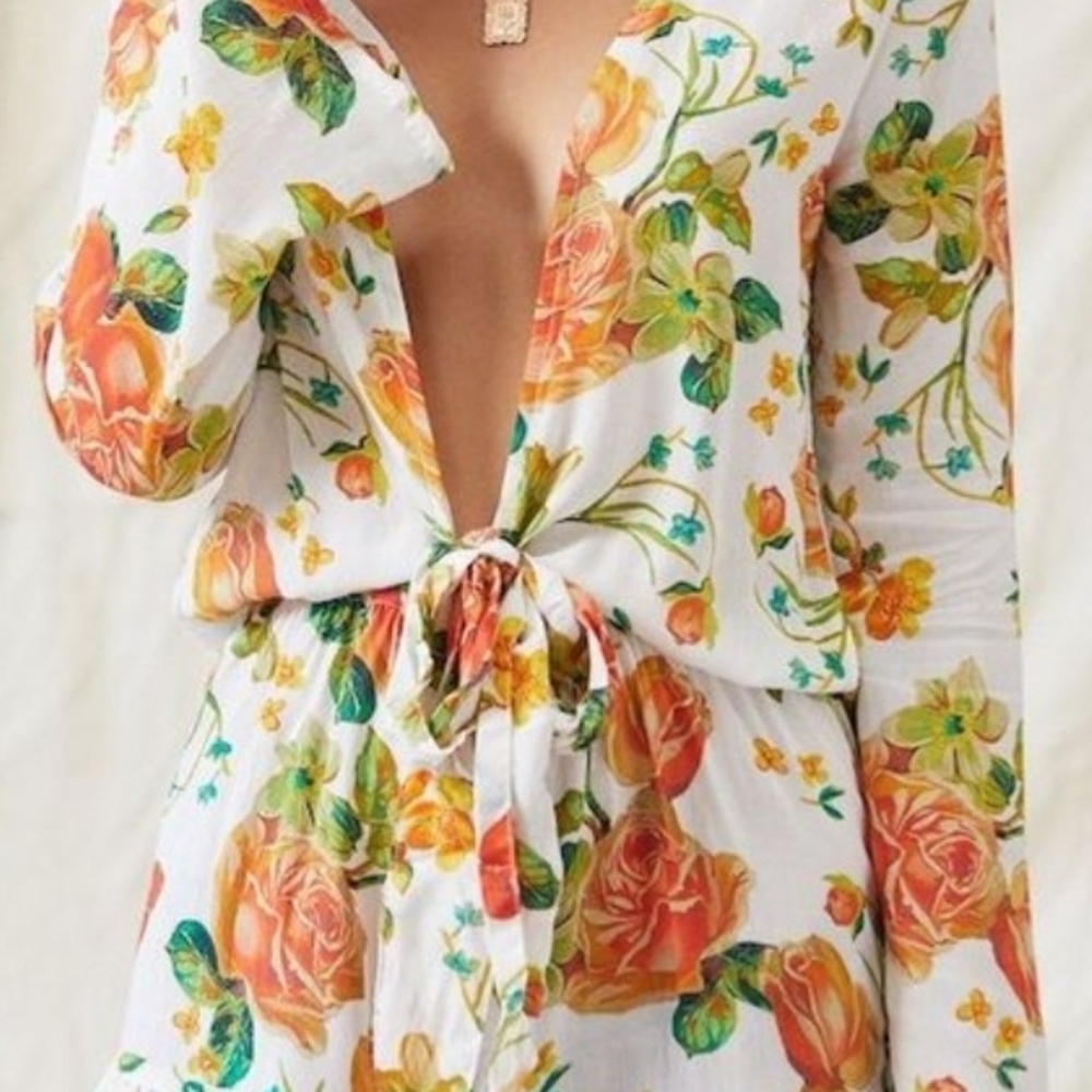 Agua Bendita Floral Jumpsuit in White and Orange